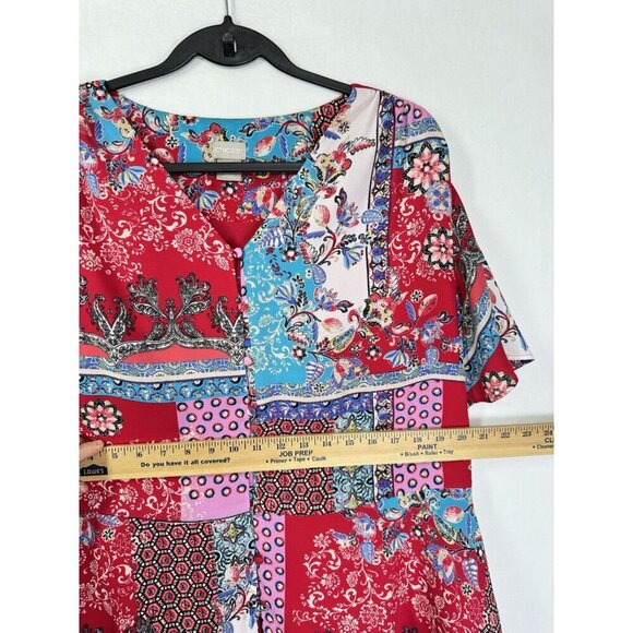 Chicos Patchwork Top Womens 2/Large Pink Red Peplum Flutter Sleeve Button Detail - Picture 10 of 13